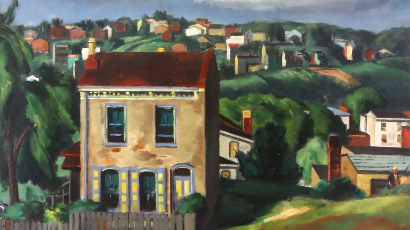 Oil on canvajohnny platts house slr architectural landscape with rolling hills in the distance provenance newman galleries