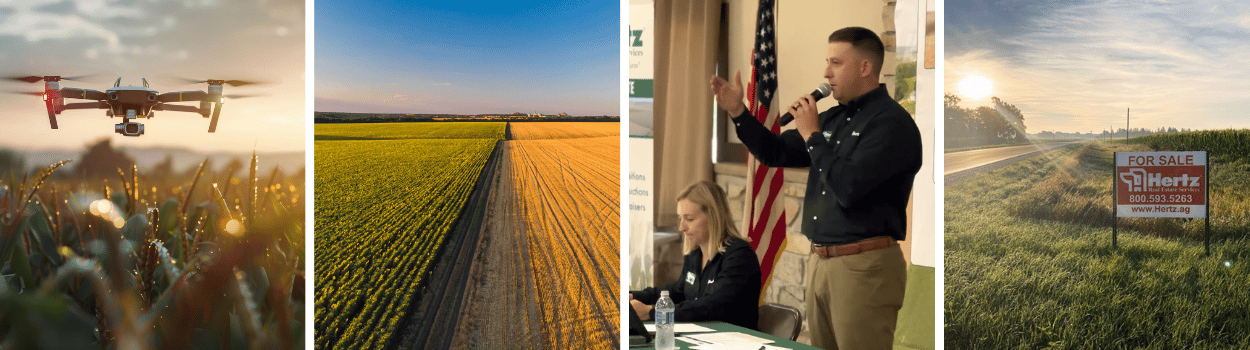 Farmland collage showcasing precision ag drone, aerial land view, real estate auctioneer, and Hertz Farm Management for sale sign