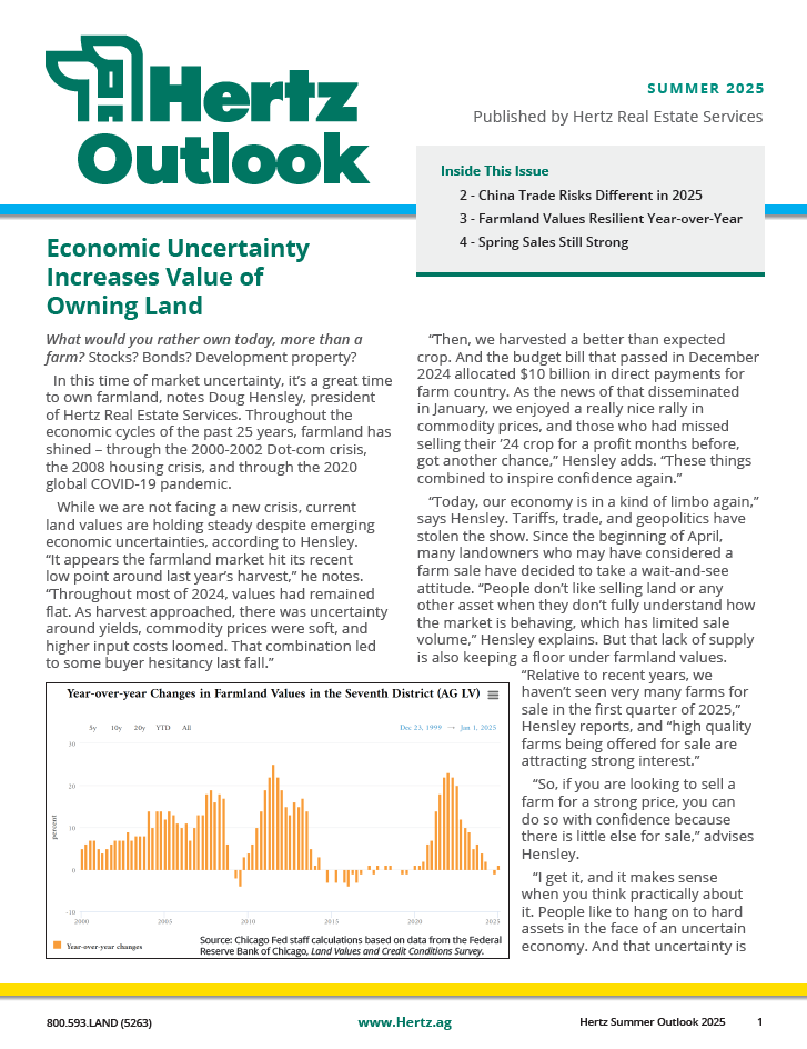 Hertz Outlook Newsletter - Summer 2025 Issue. The latest on Farmland Values Across the Midwest