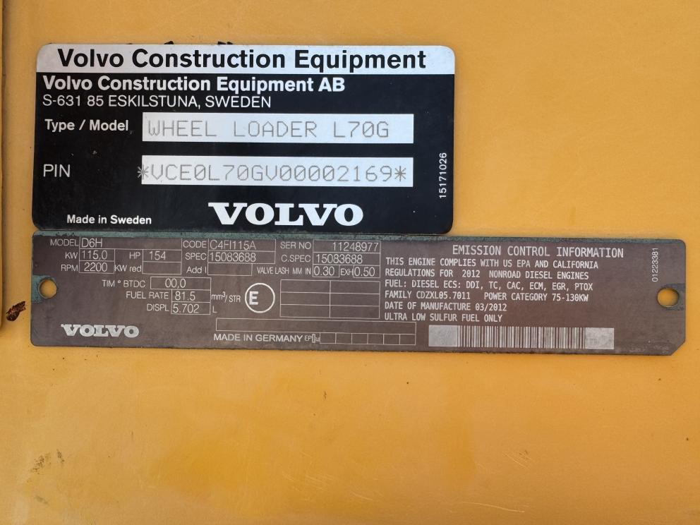 Image for 2012 Volvo L70G Wheel Loader