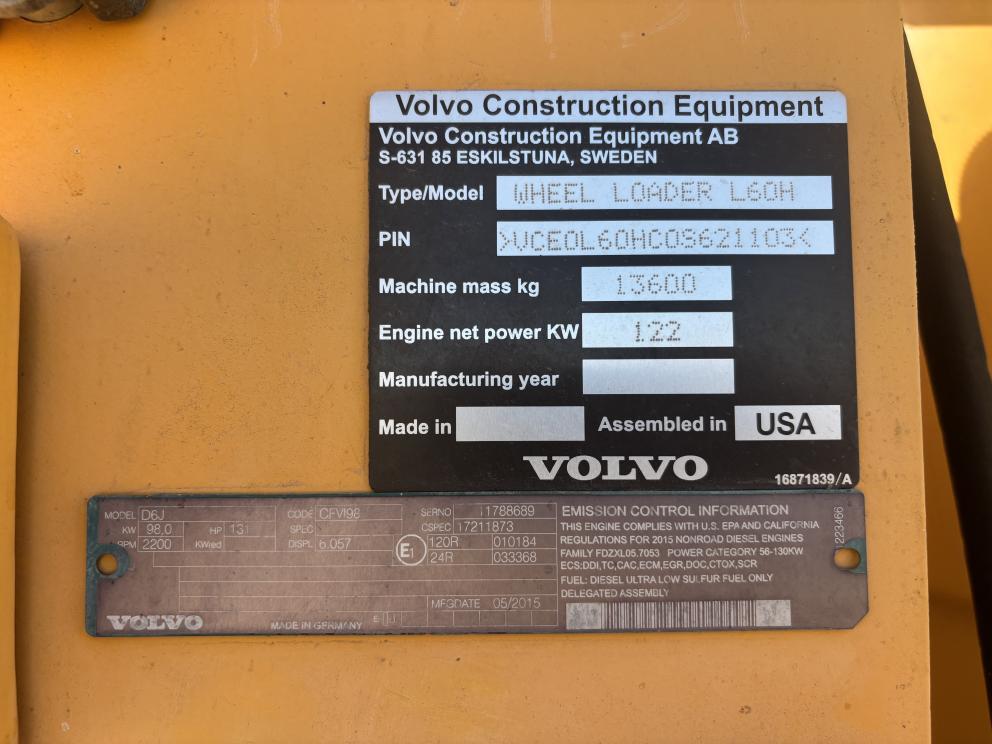 Image for 2015 Volvo L60H Wheel Loader