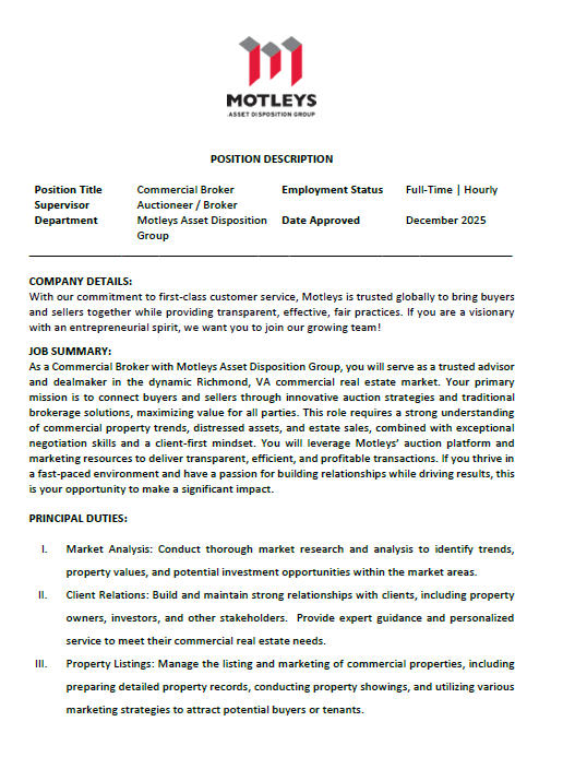 Commercial Real Estate Agent/Broker Job Description