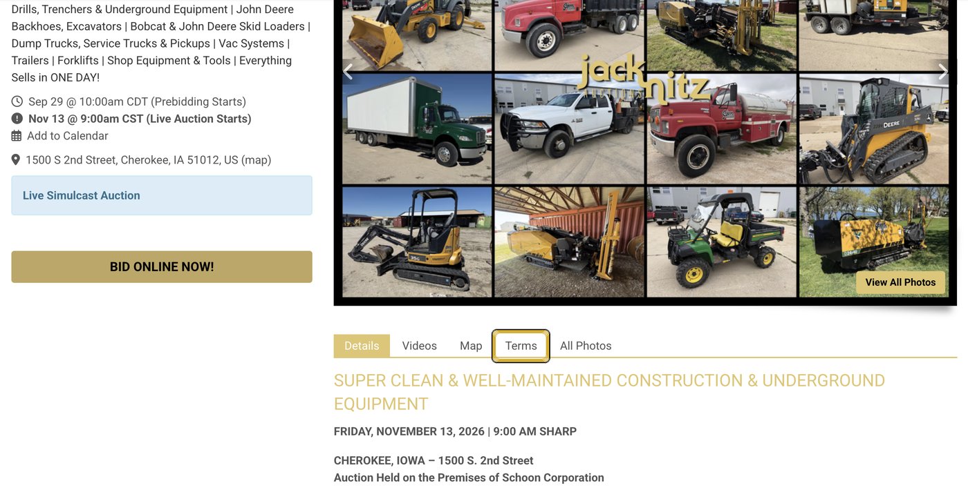 Auction Details page with the Terms tab highlighted below the main auction photos