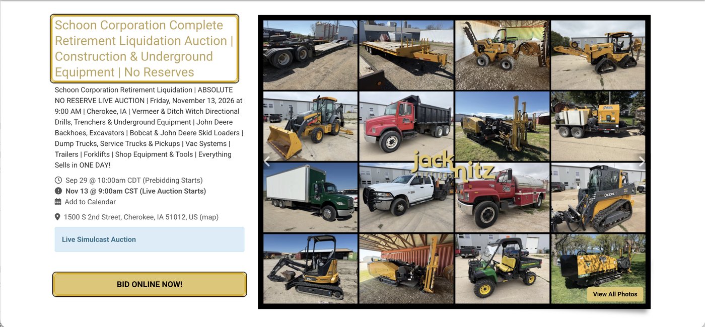 Auction Details page with the auction title and the Bid Online Now button highlighted