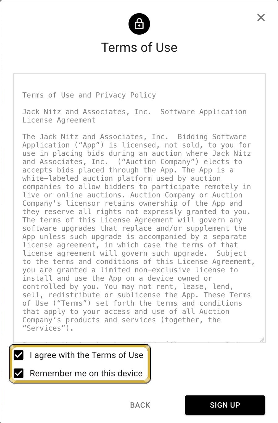 Terms of Use window with the agree box checked