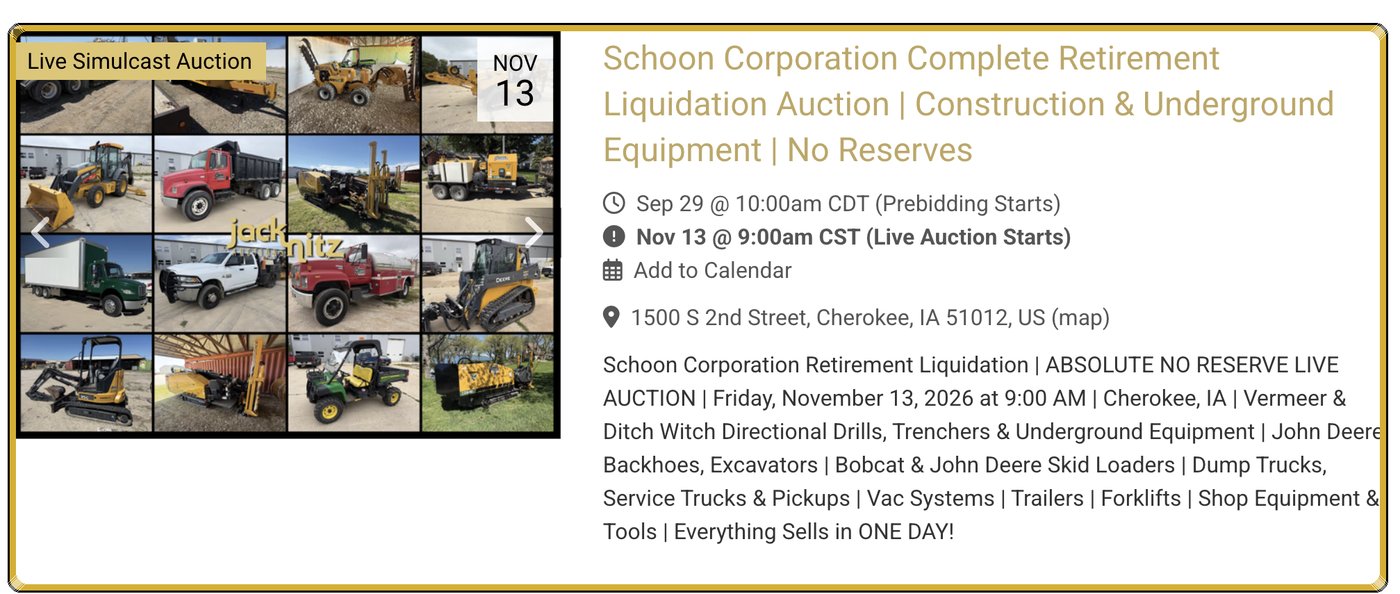 An upcoming live simulcast equipment auction listed on the Jack Nitz Auctions home page