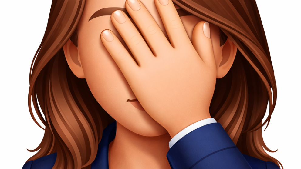 Illustration of a female auctioneer in a blazer with brown hair doing a facepalm gesture