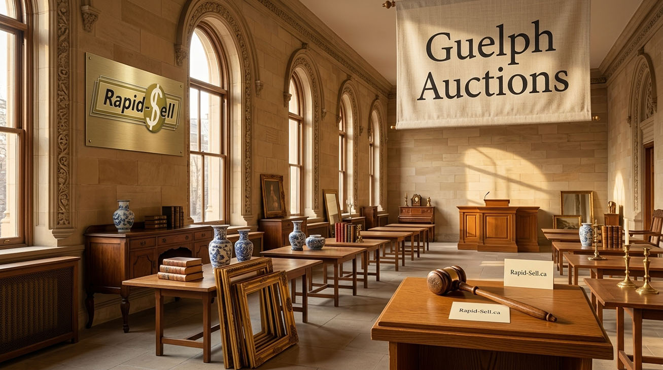 Historic Guelph auction hall with tables displaying antique porcelain vases, picture frames, and auctioneer gavel