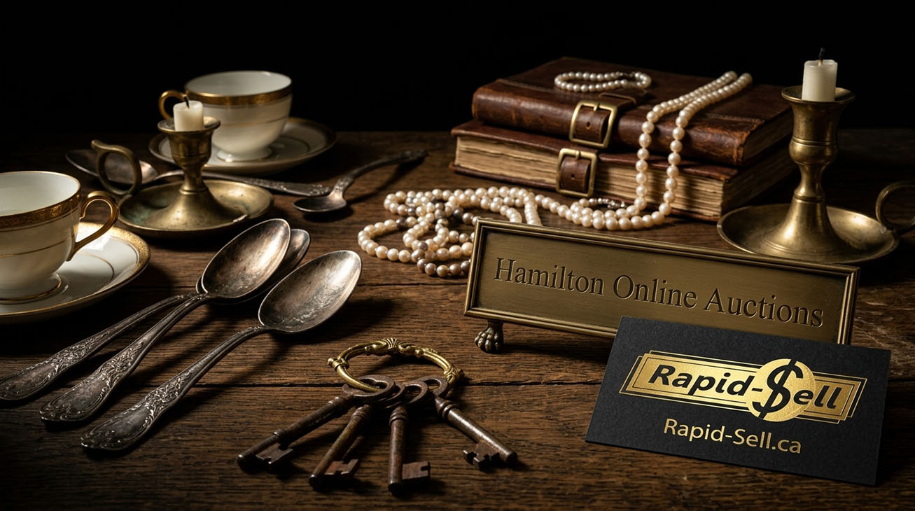 Antique tea set, silver spoons, and skeleton keys representing auction appraisal terms.
