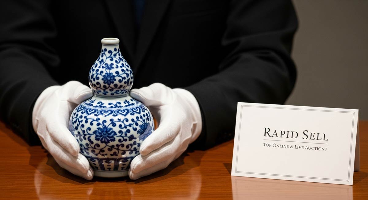 An auction specialist wearing white cotton gloves presenting a rare porcelain vase at a Rapid Sell antiques auction.