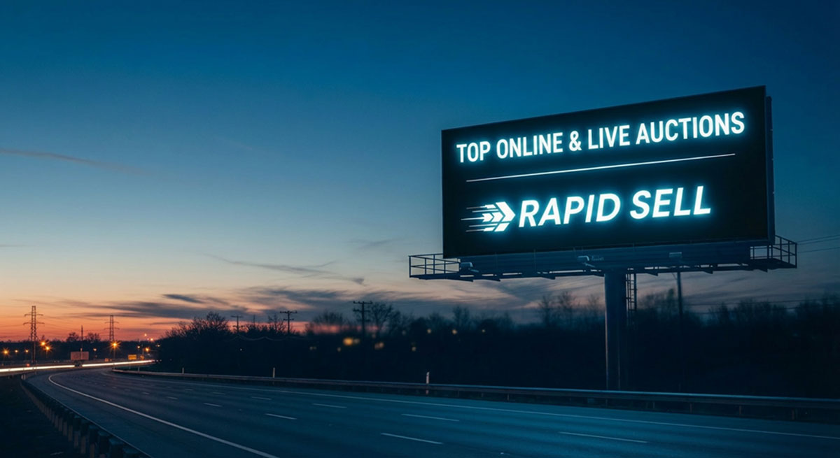A glowing digital highway billboard advertising Rapid Sell Top Online and Live Auctions in Ontario at dusk.
