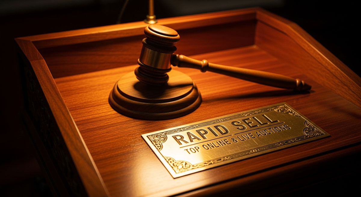 A polished wooden auctioneer podium featuring a brass Rapid Sell plaque and a gavel ready for a live auction sale.