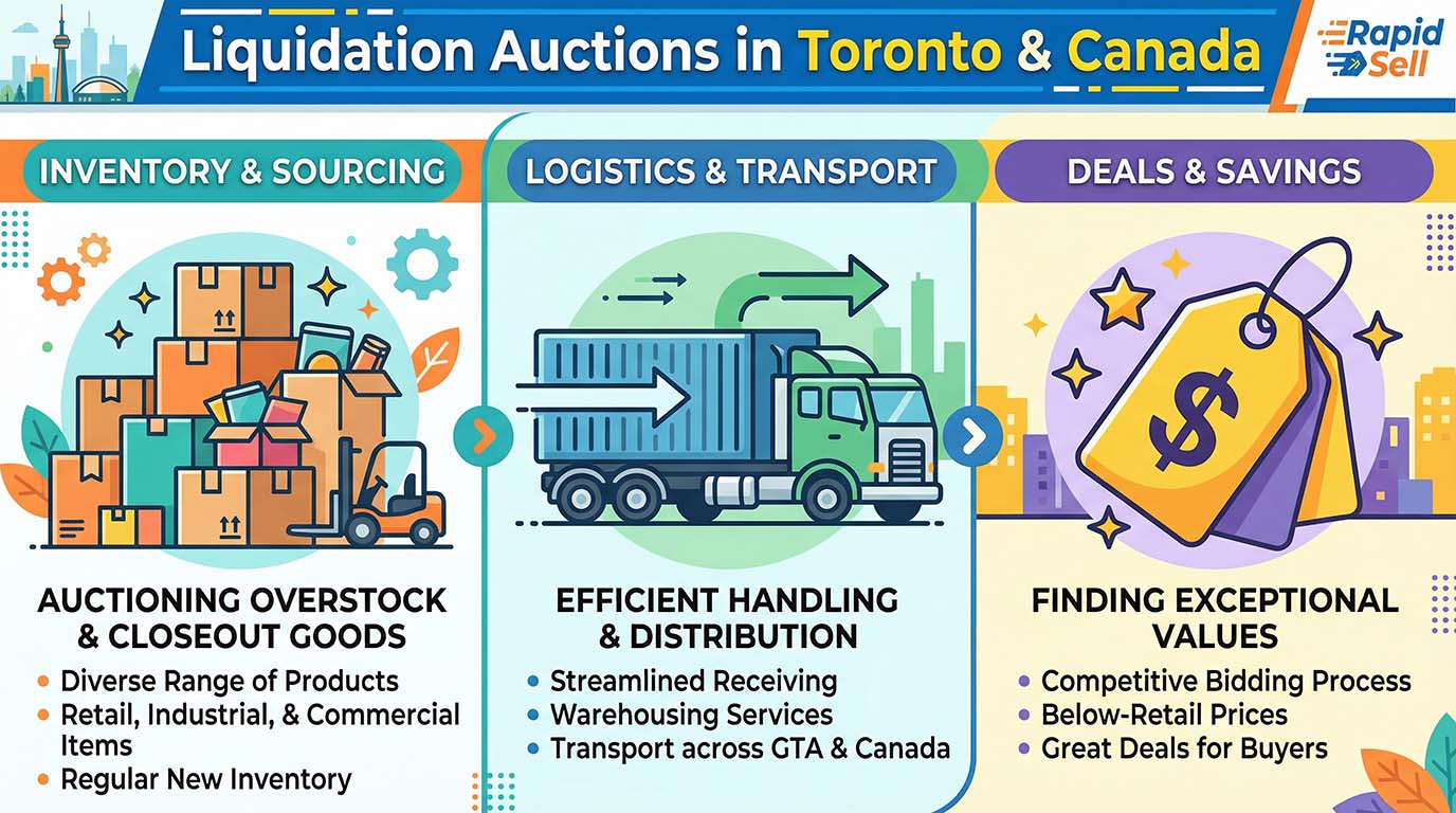 Infographic explaining the B2B liquidation auction process, including inventory sourcing, logistics, and bulk savings with Rapid Sell.