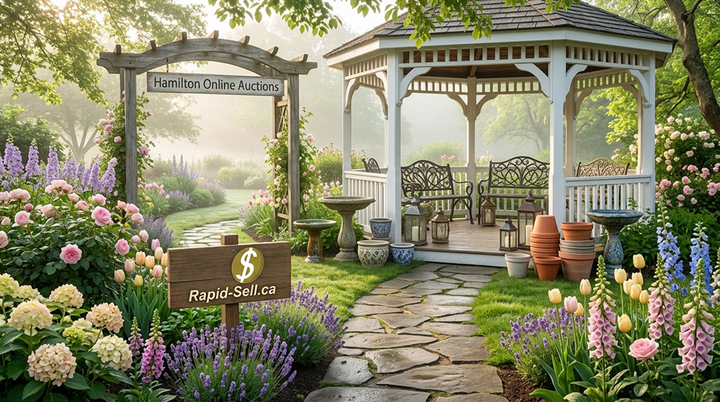 Landscaped garden gazebo and lawn decor displayed on top Hamilton online auction sites.