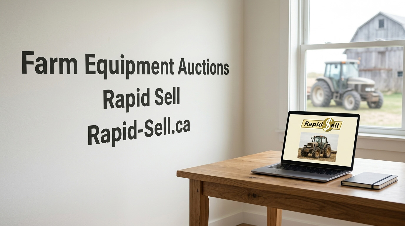 Laptop on a desk displaying the Rapid-Sell online farm equipment auction platform with a tractor visible through the window