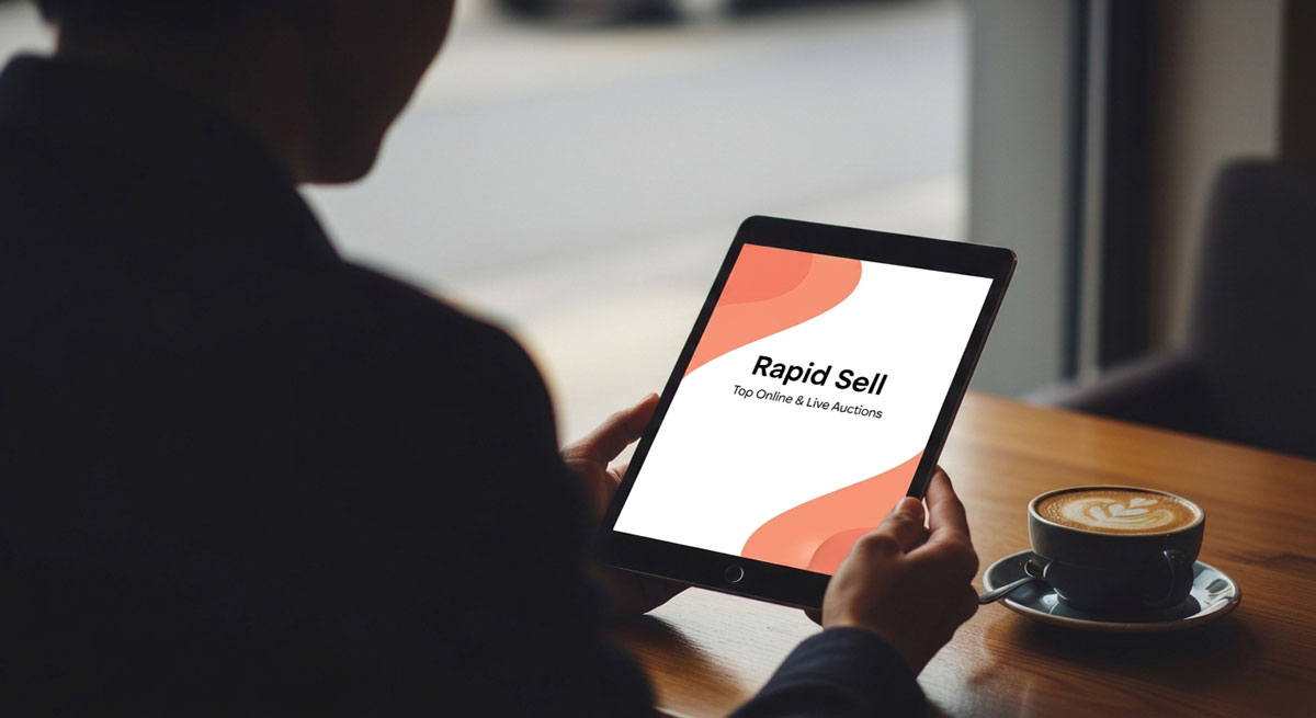 A bidder using a tablet in a cozy cafe to participate in Rapid Sell top online auctions in Ontario.