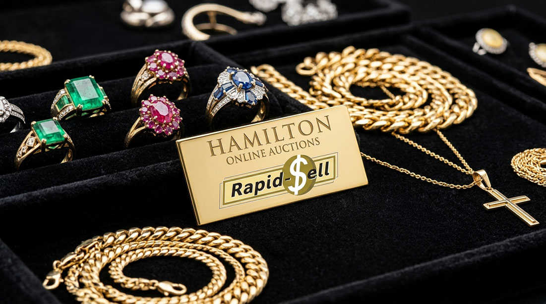 Gold gemstone rings and silver coins displayed on velvet tray for buyer's premium guide.