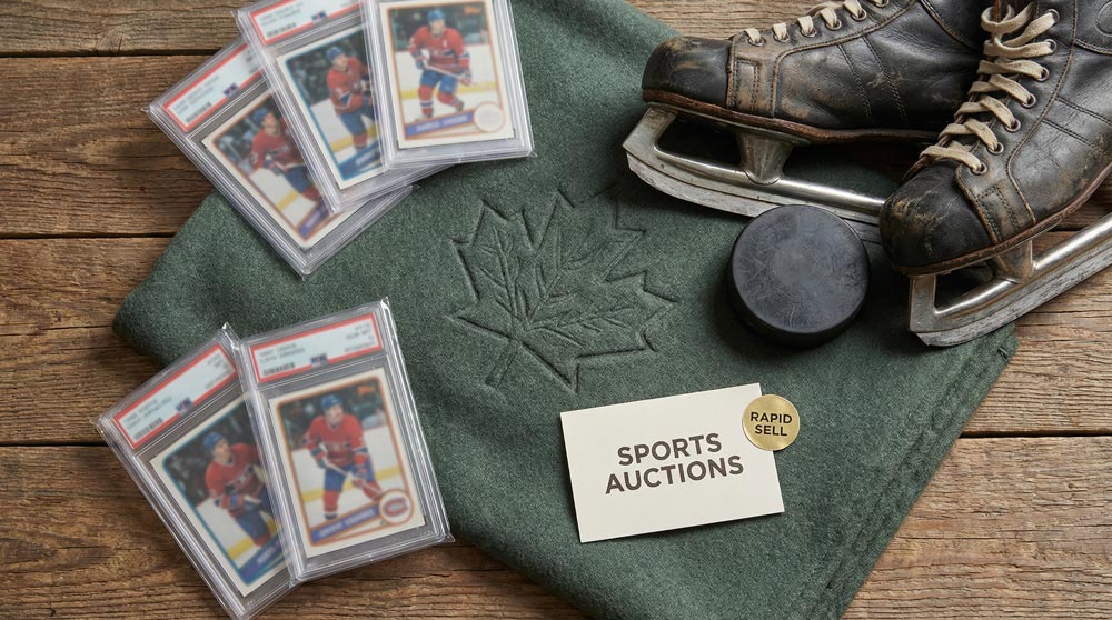 Vintage hockey skates and graded hockey cards with Canadian maple leaf texture for sports collectors