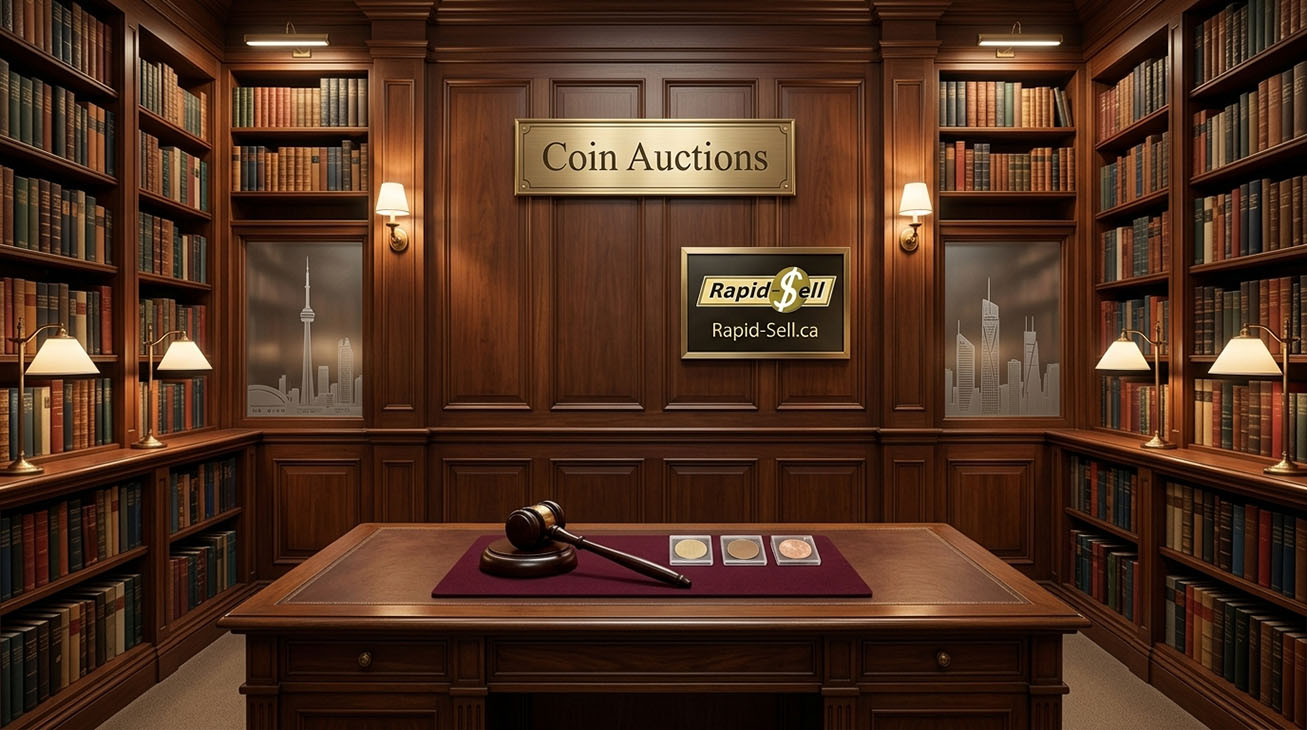 Prestigious wood-paneled auction library with coin slabs and gavel representing Toronto coin auction houses