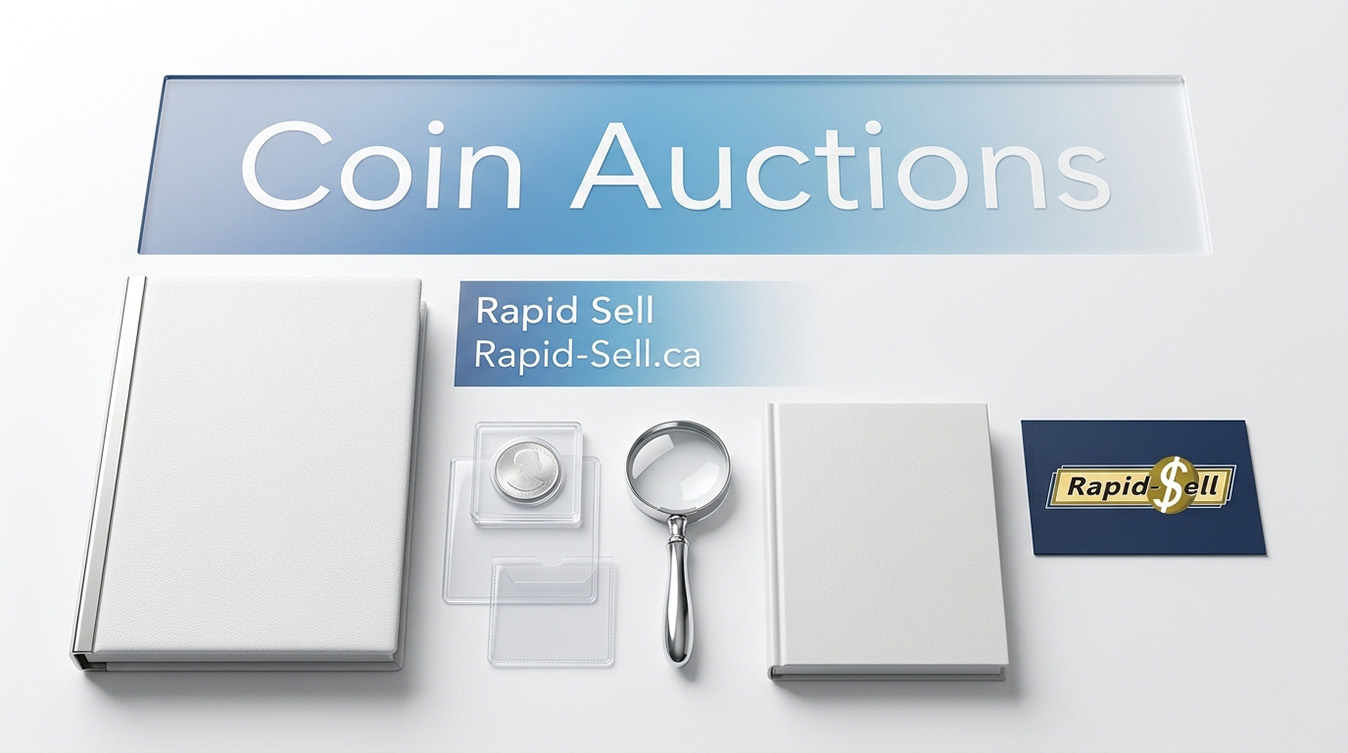 Certified coin slab, protective flip, magnifying glass, and collector album for auction inspection