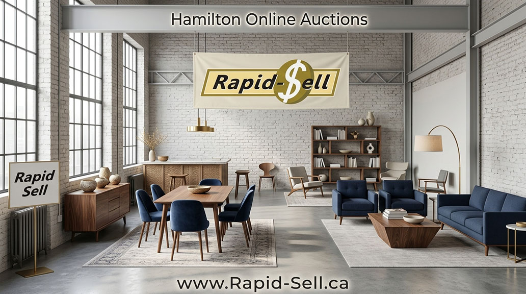 Commercial furniture and office equipment cataloged for Hamilton online auction sale.