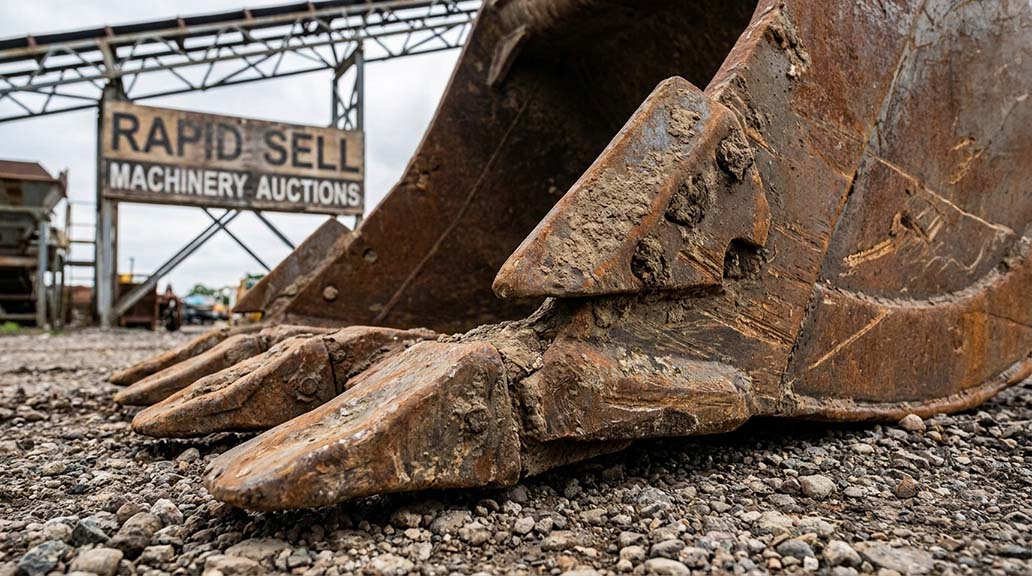 Excavator bucket teeth at a construction equipment auction yard