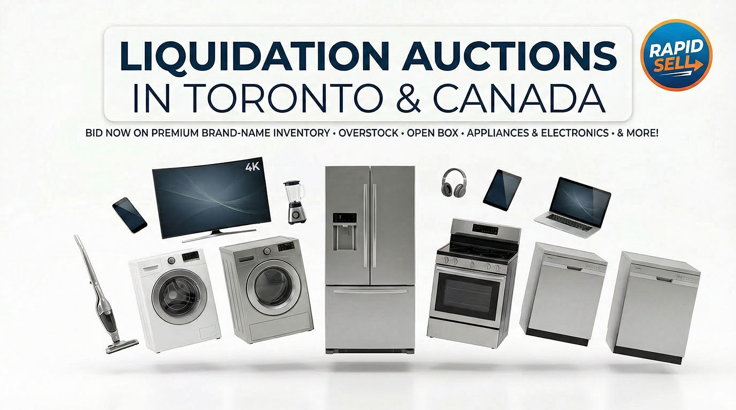 Collection of consumer electronics and home appliances available at Rapid Sell liquidation auctions, including TVs, laptops, and refrigerators.