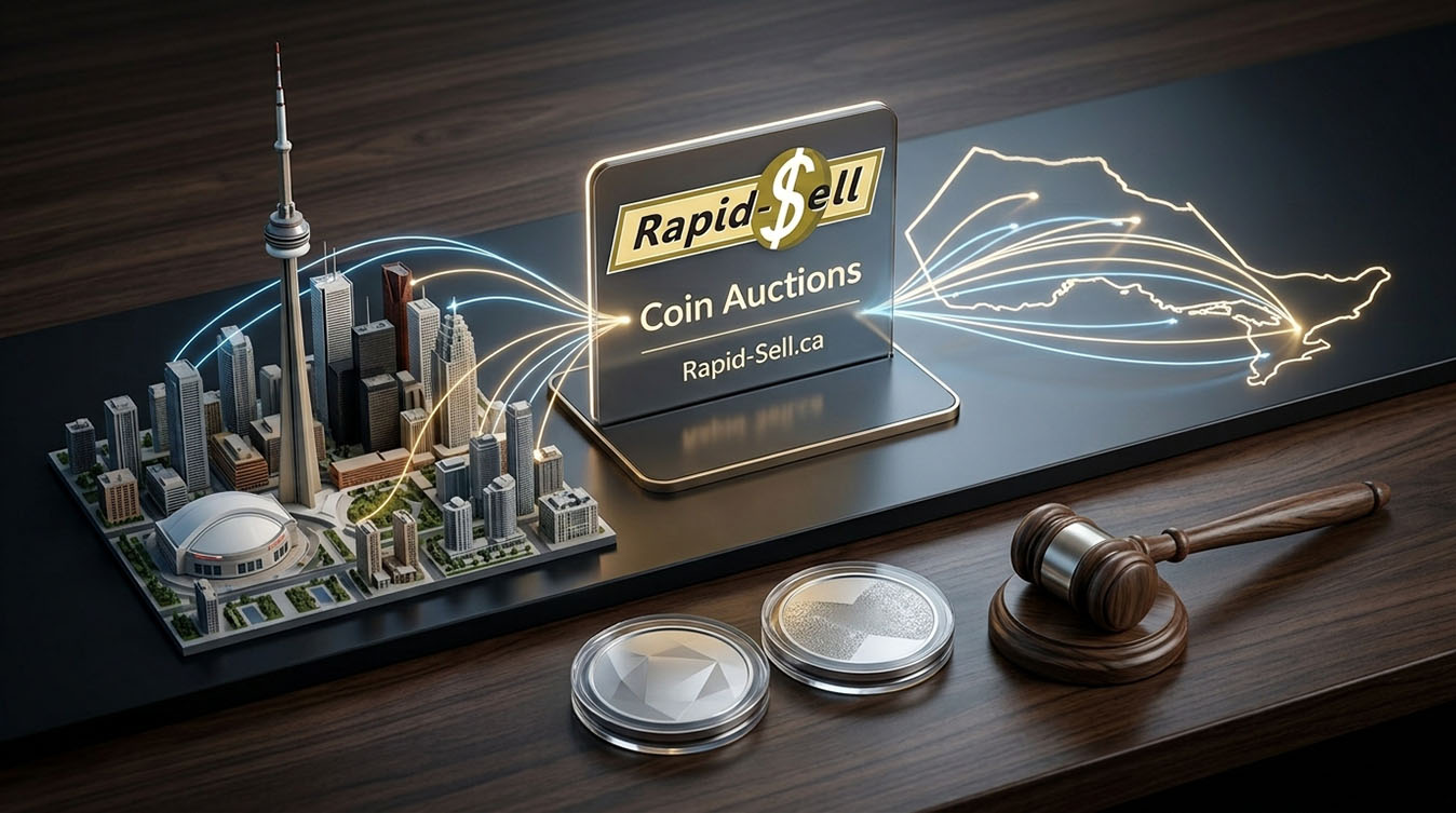 3D miniature model of Toronto connected by light trails to a glowing Ontario map and coin auction sign