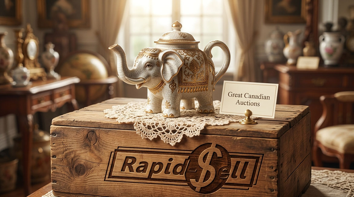 A unique, antique elephant-shaped ceramic teapot sitting on a rustic wooden Rapid Sell crate. Great Canadian Auctions in ontario, toronto sign