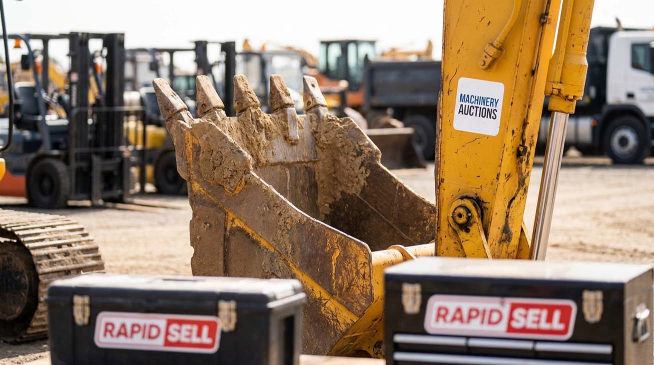 Excavator bucket and hydraulic arm inspected at a machinery auction