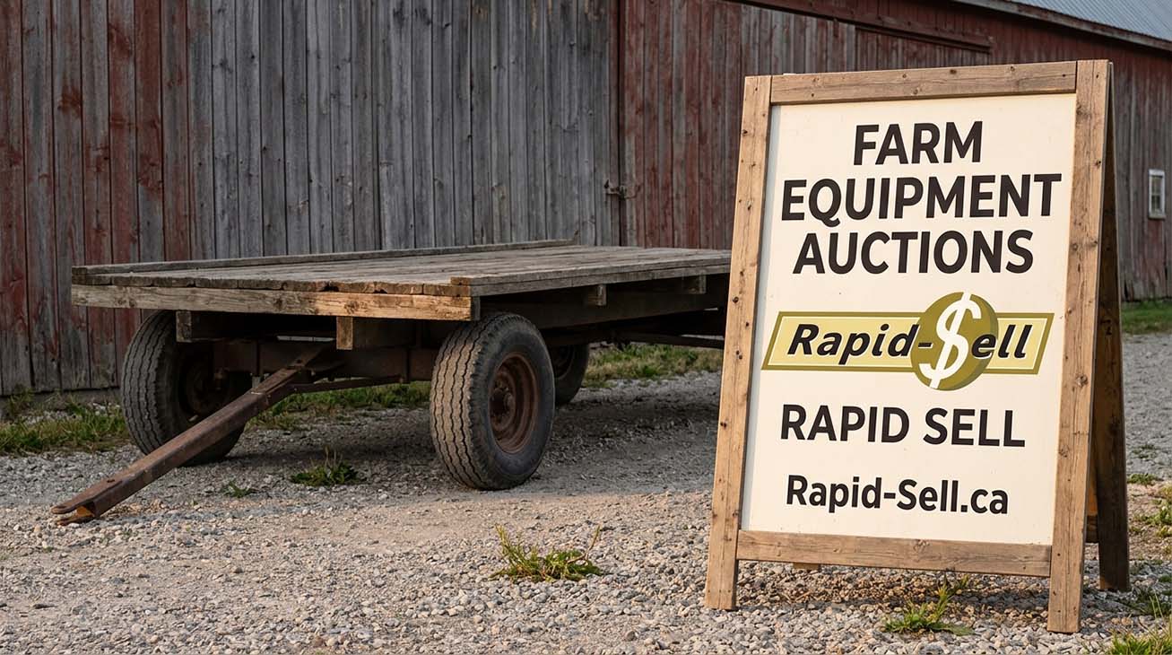 Flatbed farm wagon parked on gravel representing equipment hauling and transport budgeting for Ontario auctions