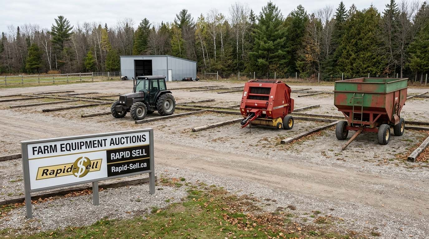 Tractor, round baler, and grain wagon organized in auction stalls at a farm equipment consignment yard in Ontario