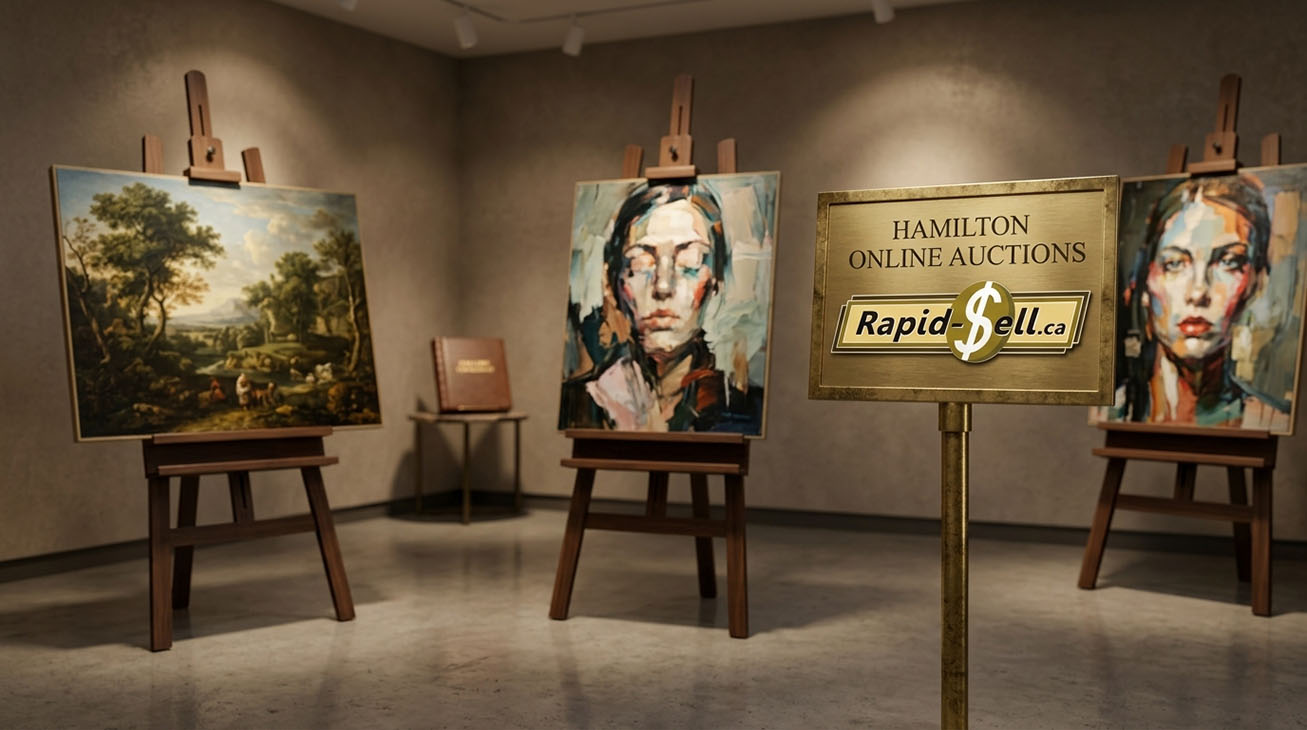 Oil paintings and portraits displayed on easels at a Hamilton online art auction.