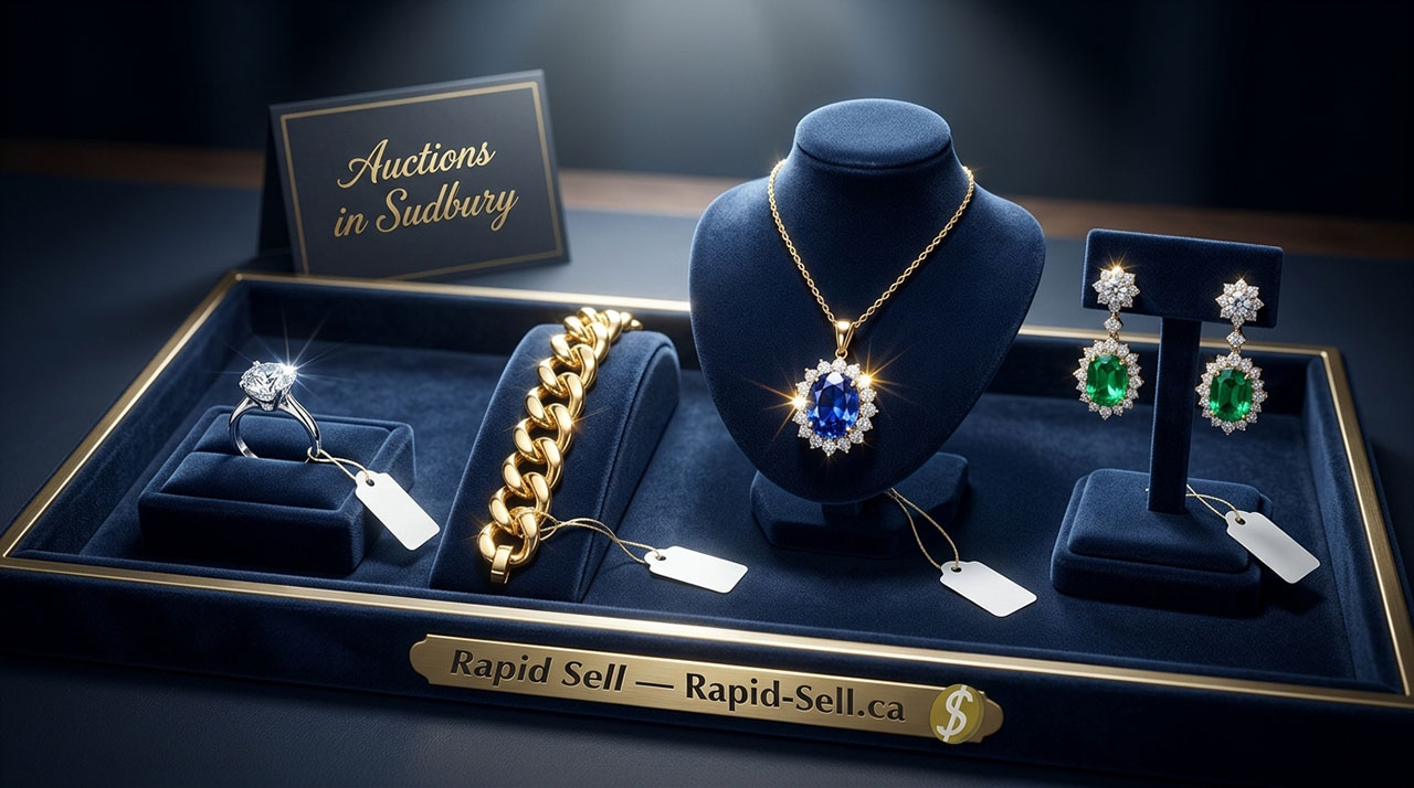 A beautiful display of sapphire, emerald, and diamond jewelry available at a Sudbury auction.