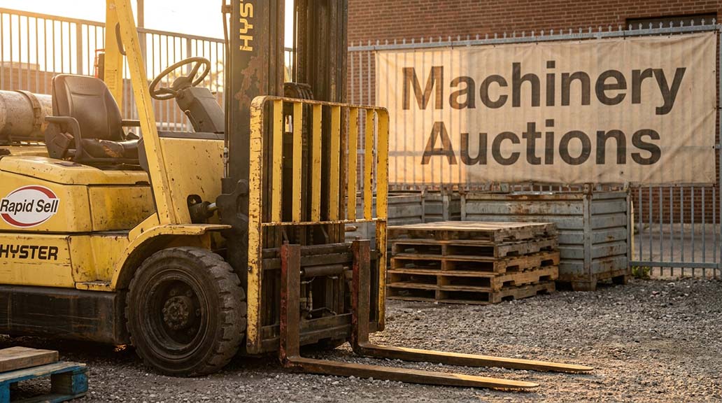 Forklift and pallets at an Ontario machinery auction yard