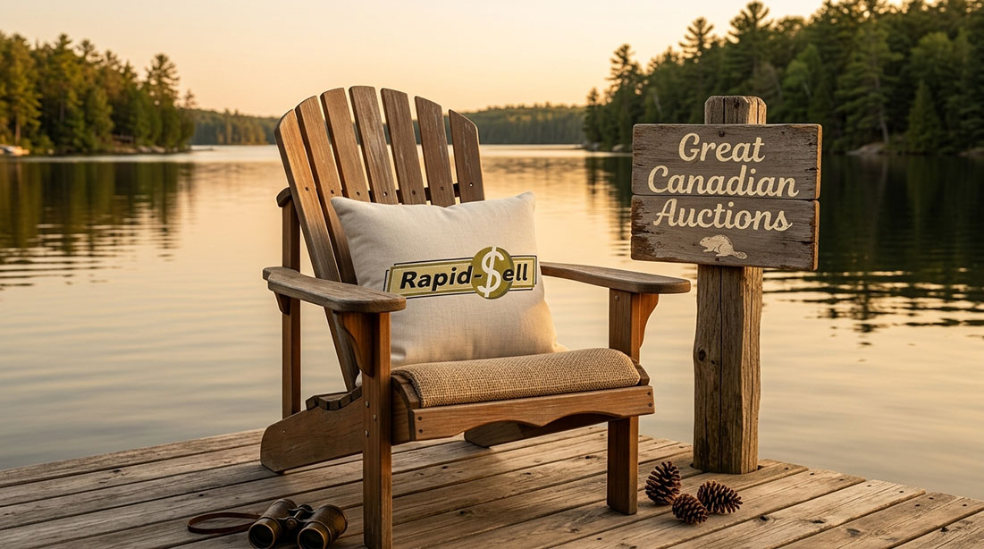 A Great Canadian Auctions sign next to a Muskoka chair on a serene Canadian, Ontario, Toronto lake dock.