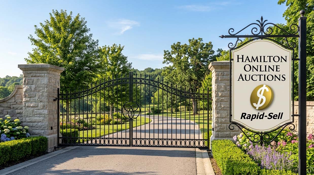 Wrought iron estate gates representing high-end real estate auctions in Hamilton Ontario.