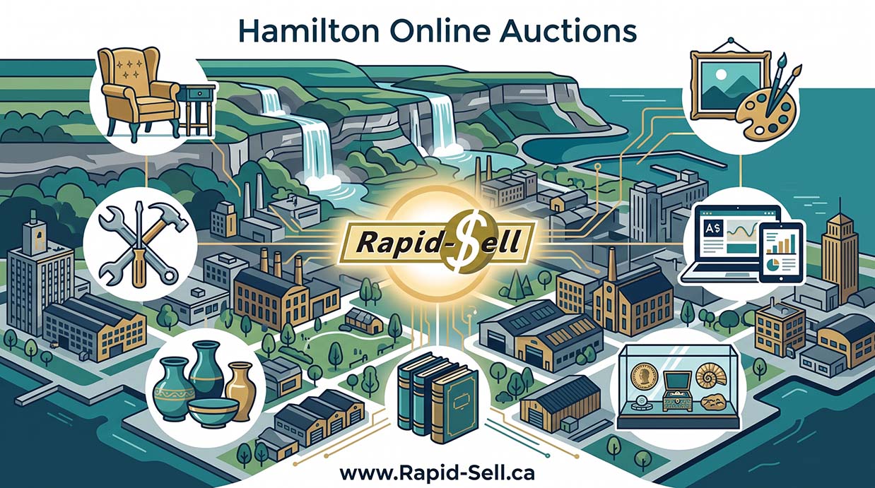 Vector guide map showing key auction categories available across Hamilton Ontario.