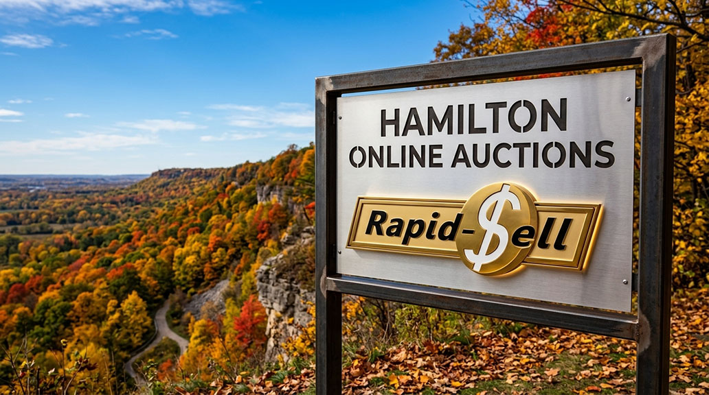 Sign for Hamilton online auctions set against autumn trees on the Niagara Escarpment.