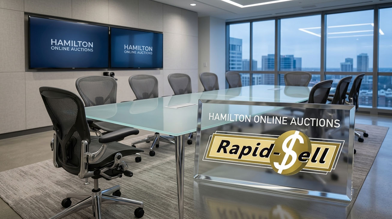 Modern corporate conference room furniture up for bid in Hamilton government surplus auctions.