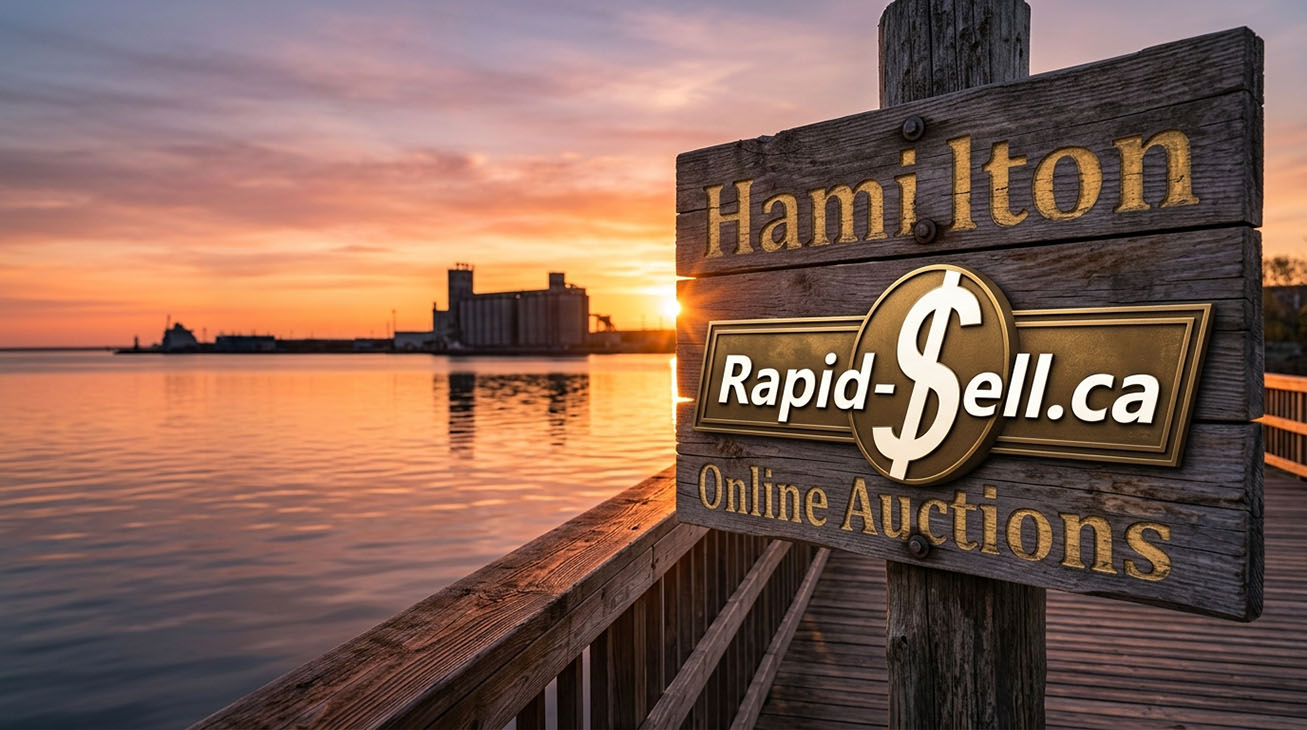 Rustic sign for Hamilton online auctions on the harbor pier at sunset.