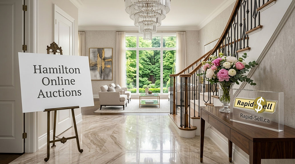 Grand entryway of a luxury Hamilton home up for bidding in real estate auctions.