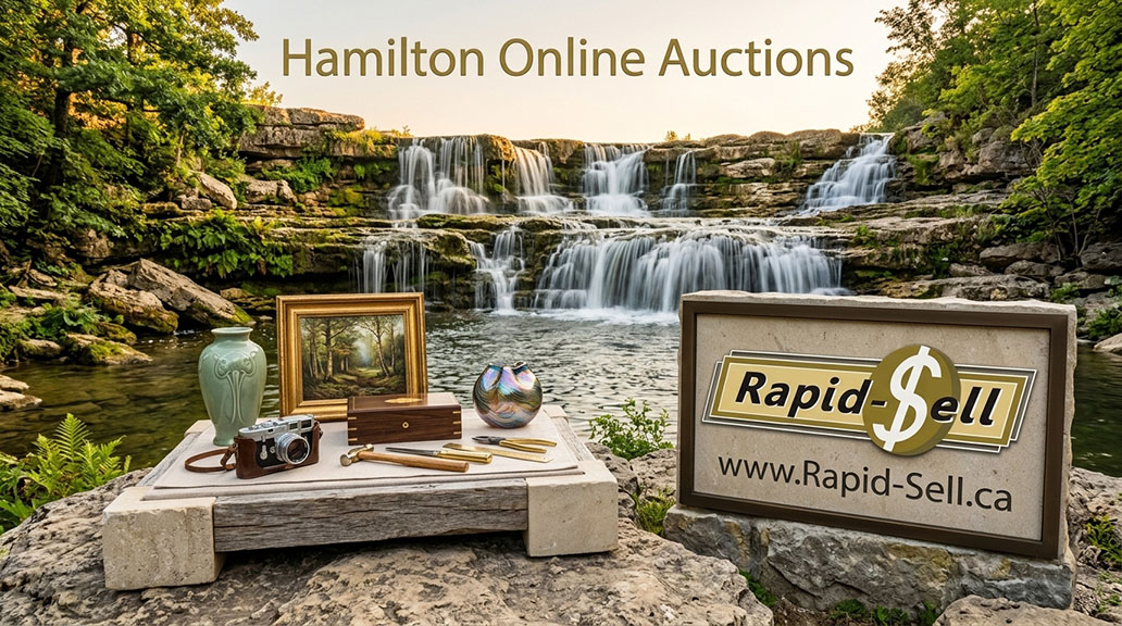Collection of auction categories including cameras, vases, and tools near Hamilton falls.