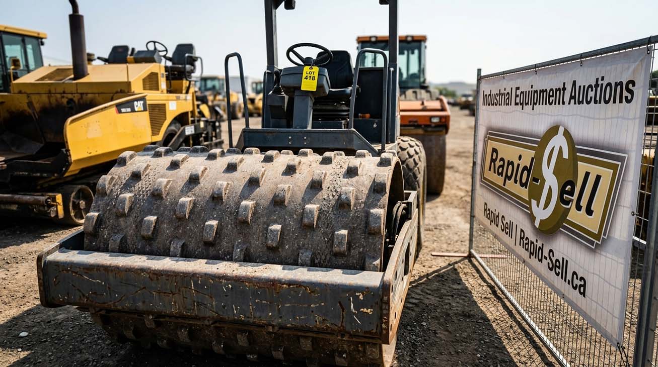 Compactor and heavy construction equipment lined up at an industrial auction yard