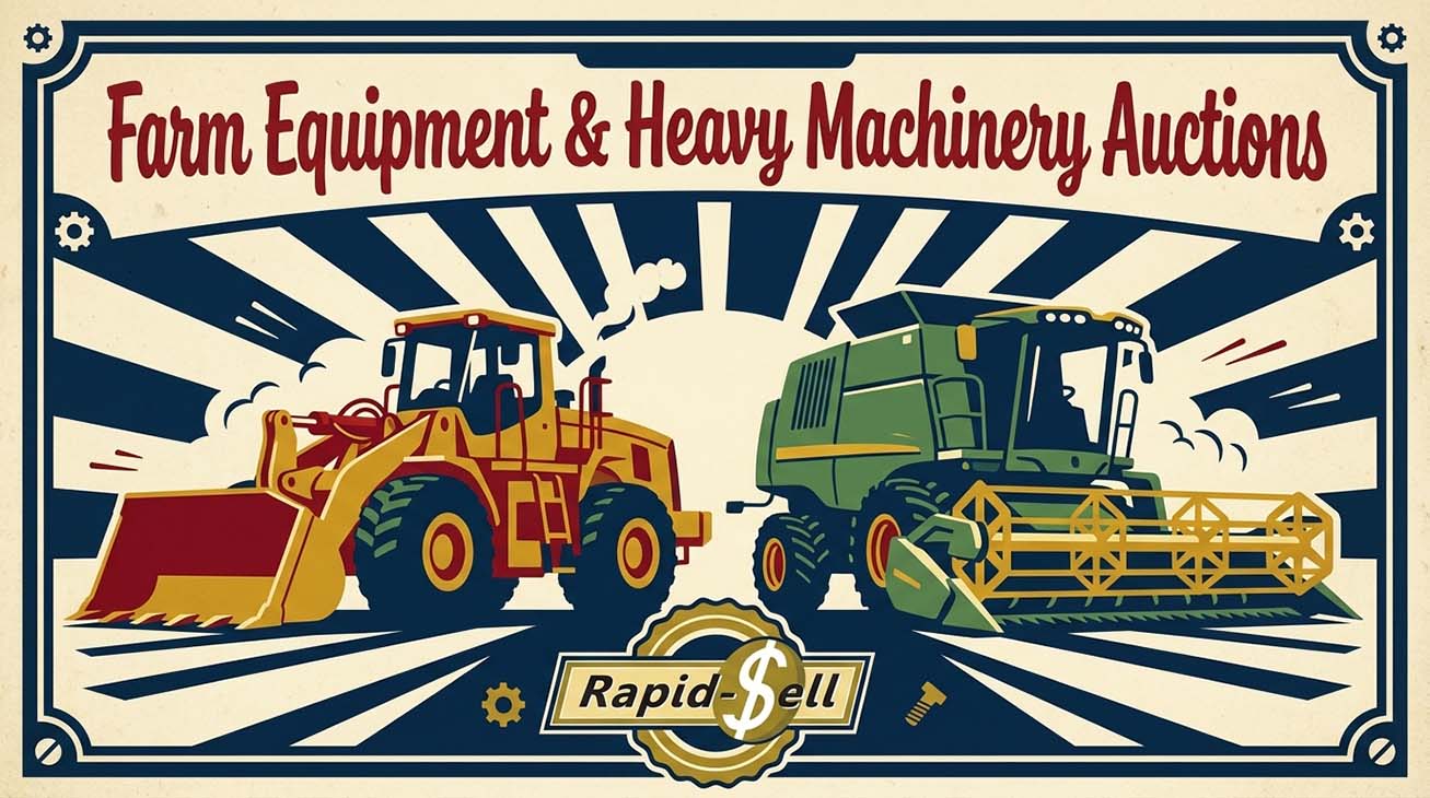 Vintage poster style artwork depicting a wheel loader and combine harvester at a farm equipment auction
