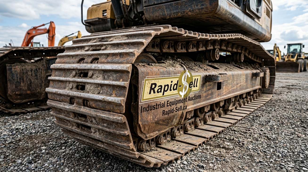 Excavator tracks and heavy equipment staged at an outdoor auction yard