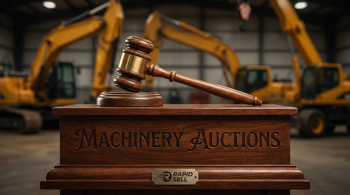 Auction gavel in front of excavators at a heavy machinery sale