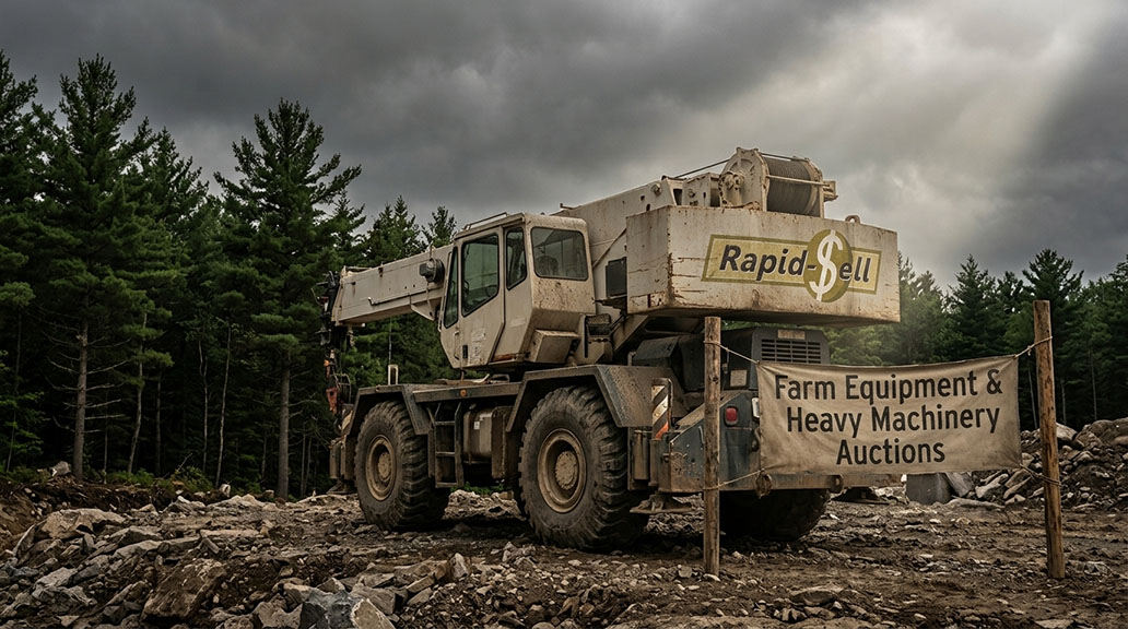 Rough terrain mobile crane staged in an outdoor equipment yard for auction consignment