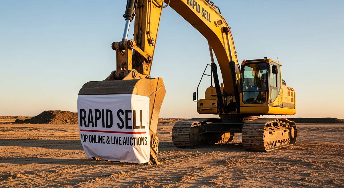 A large yellow excavator featuring a Rapid Sell auction banner parked at a heavy equipment and farm machinery auction lot.