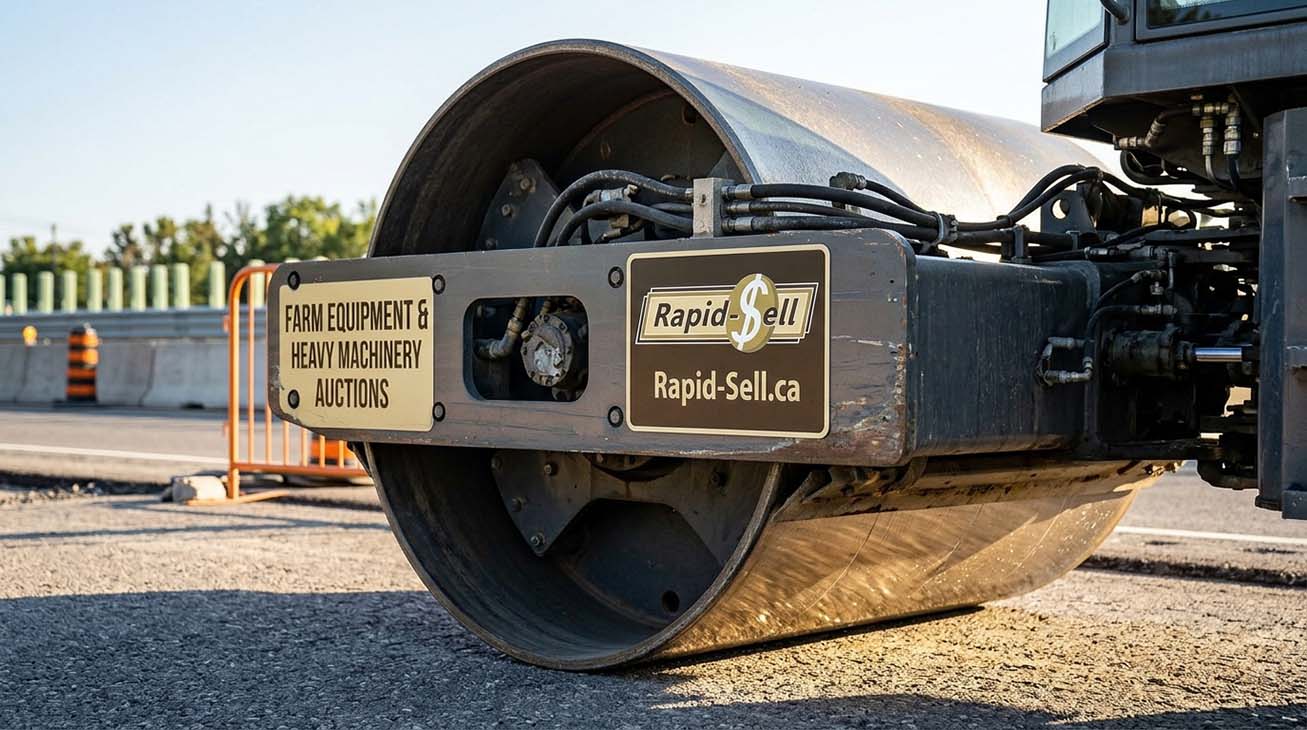 Heavy commercial road roller on transit pavement highlighting machinery transportation logistics in Ontario